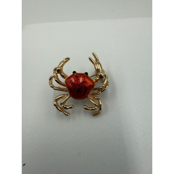 Jewelry - Vintage Gold Tone Orange Enamel Crab Brooch Nautical Beach‎ Sea Pin Accessory